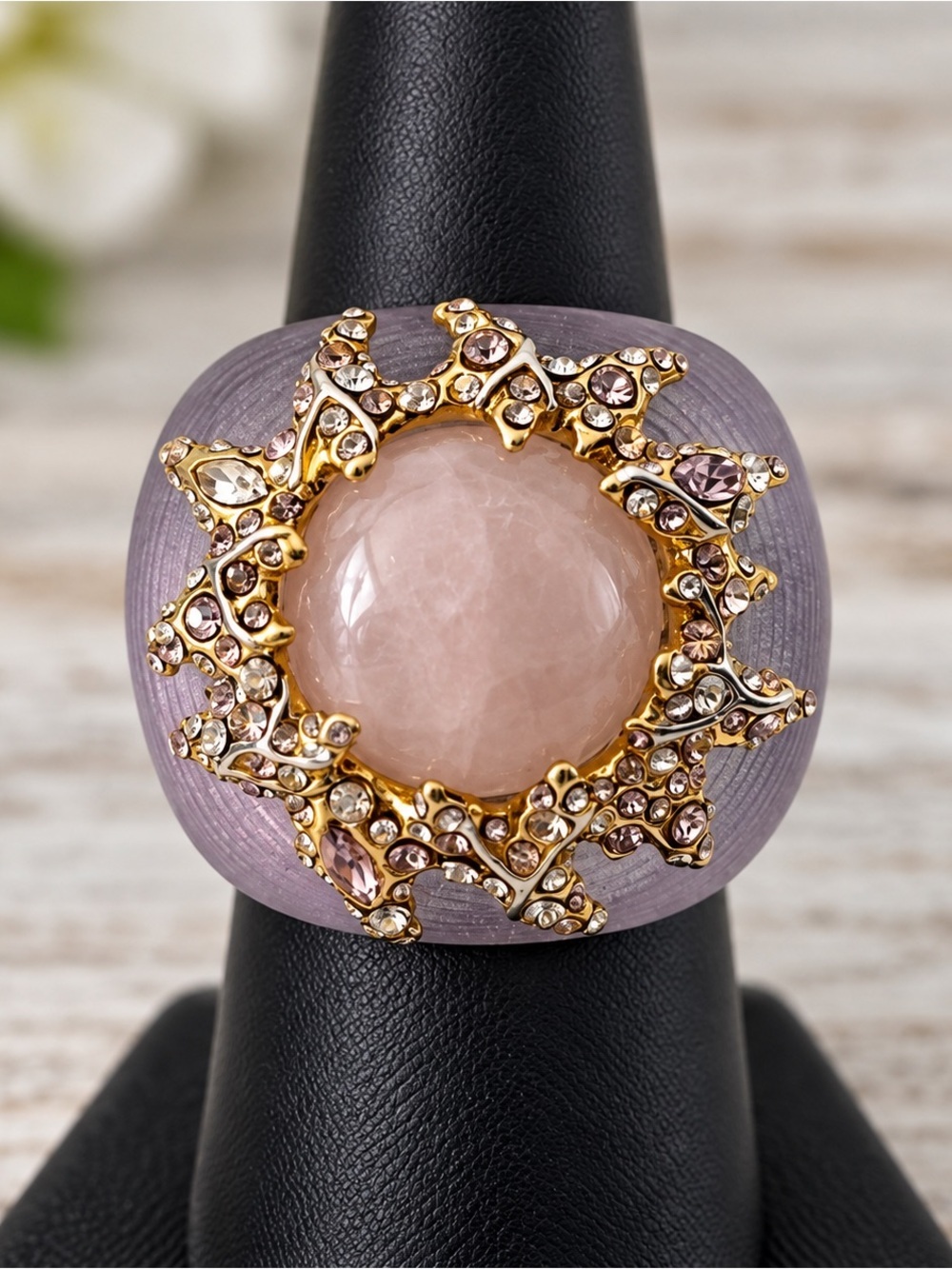 Alexis Bittar Rare Rose Quartz Lucite Crystal Halo Statement Ring